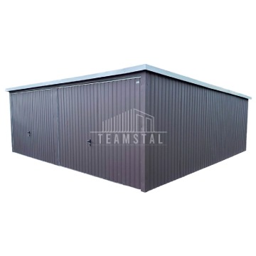 Garaż Blaszany 6m x 7m spad w tył pion 2x brama uchylna - brąz 6x7 TS495