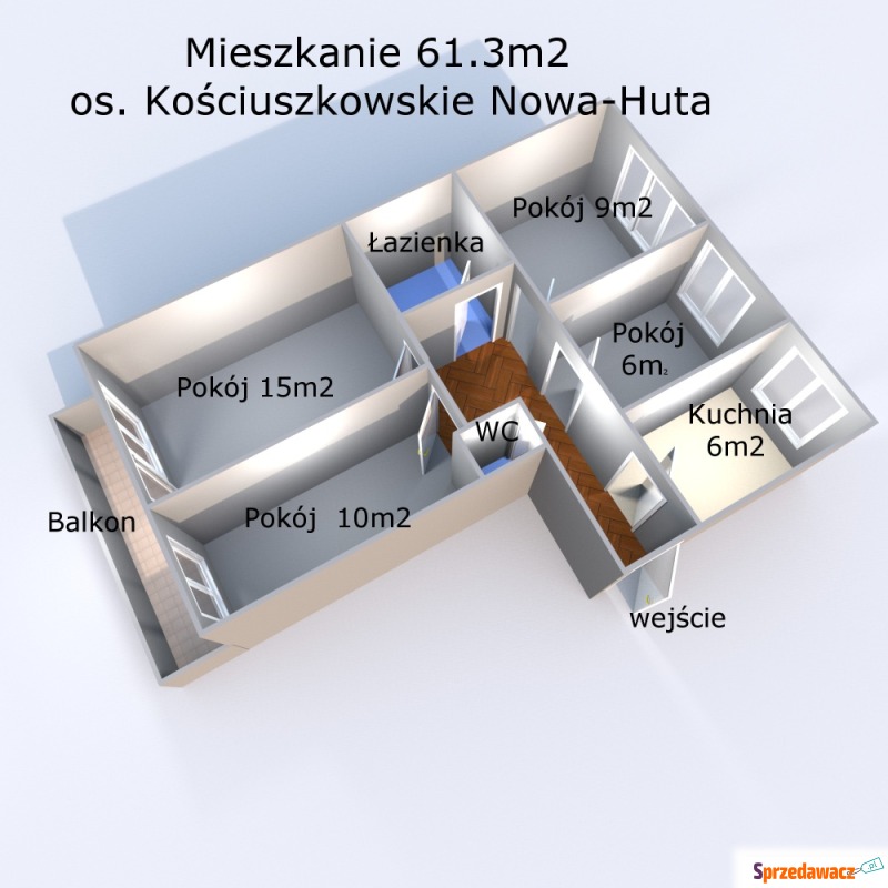 Mieszkanie  4 pokojowe Kraków - Nowa Huta,   61 m2, pierwsze piętro - Sprzedam