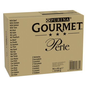 Megapakiet Gourmet Perle, w sosie, 96 x 85 g - Wołowina, kurczak, łosoś, tuńczyk w sosie