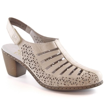 Skórzane komfortowe sandały damskie na obcasie beżowe Rieker 40959-60