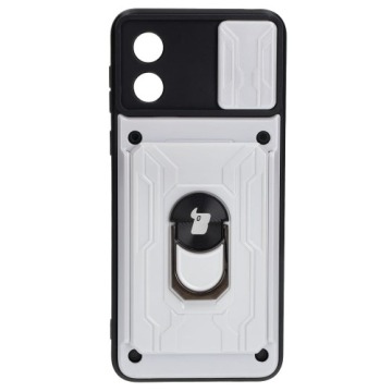 Etui Bizon Case Camshield Card Slot Ring do Motorola Moto E13 5G, białe