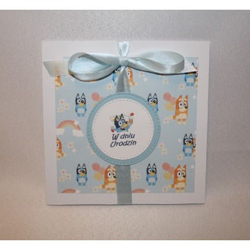 Kartka na urodziny dla dzieci pieski Bluey Blu i Bingo z bajki niebieska