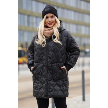 Czarna długa pikowana kurtka zimowa w pepitkę z kapturem - Giulia