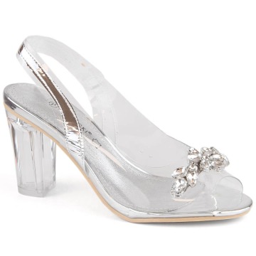 Transparentne sandały damskie na słupku z cyrkoniami srebrne Potocki WS43305