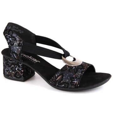 Komfortowe sandały damskie na obcasie z gumką czarne Rieker 64683-91