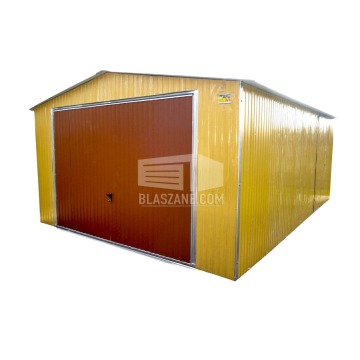 Garaż Blaszany 4x6 - Brama uchylna żółty - jasny brąz - dach dwuspadowy BL112