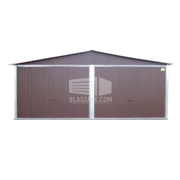 Garaż Blaszany 6x6 - 2x Brama uchylna - ciemny brąz - dach dwuspadowy BL114