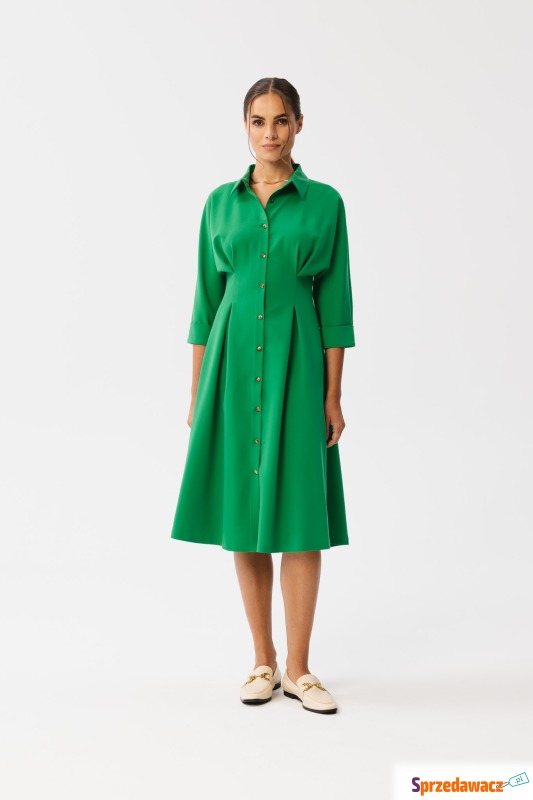 Zielona sukienka z kołnierzem i zakładkami w talii - Sukienki - Ostrołęka