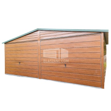 Garaż Blaszany 6x6 2x Brama uchylna jasny orzech drewnopodobny Dwuspad BL151
