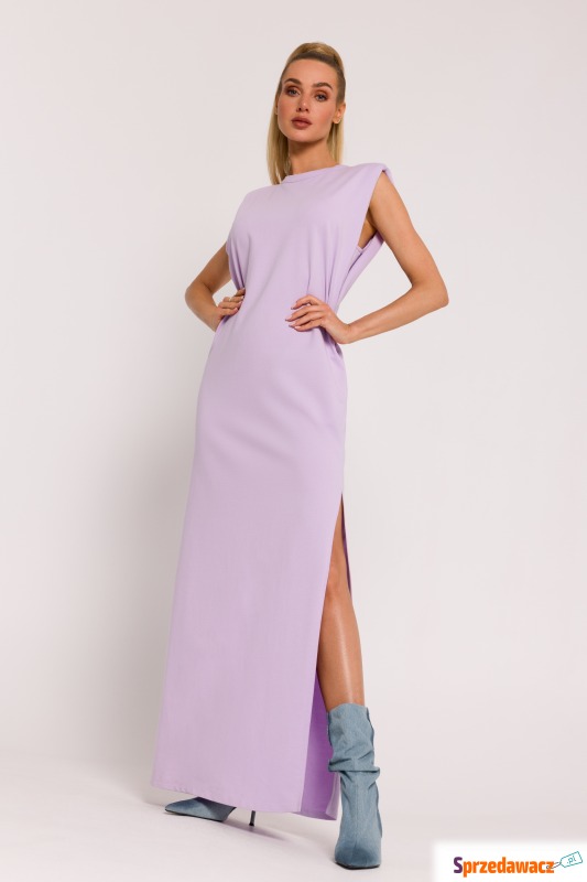 Fioletowa długa sukienka z rozcięciem i poduszkami - Sukienki - Kętrzyn