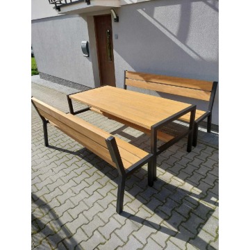 Zestaw mebli ogrodowych loftowych drewno metal stół ławki fotele
