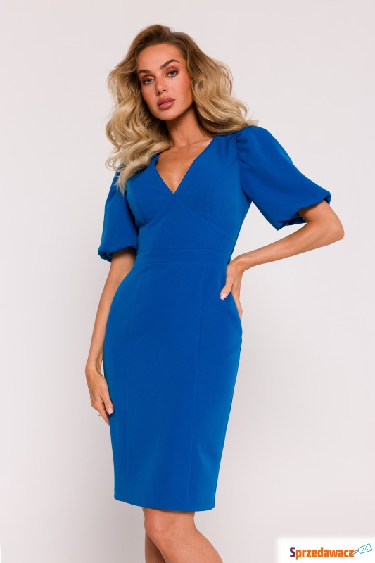 Niebieska dopasowana sukienka z zaznaczoną talią - Sukienki - Nowy Dwór Mazowiecki