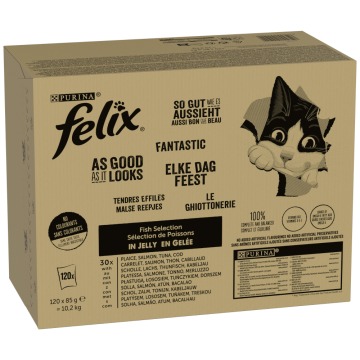 Pakiet Felix Fantastic w galarecie, So gut wie es aussieht, 120 x 85 g - Tuńczyk, łosoś, dorsz, gład