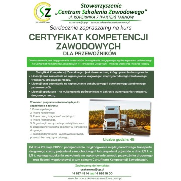 Certyfikat kompetencji zawodowych Przewoźnika