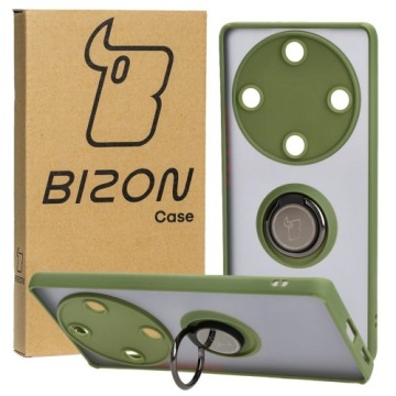 Etui z uchwytem na palec Bizon Case Hybrid Ring do Honor Magic5 Lite, przydymione z zieloną ramką