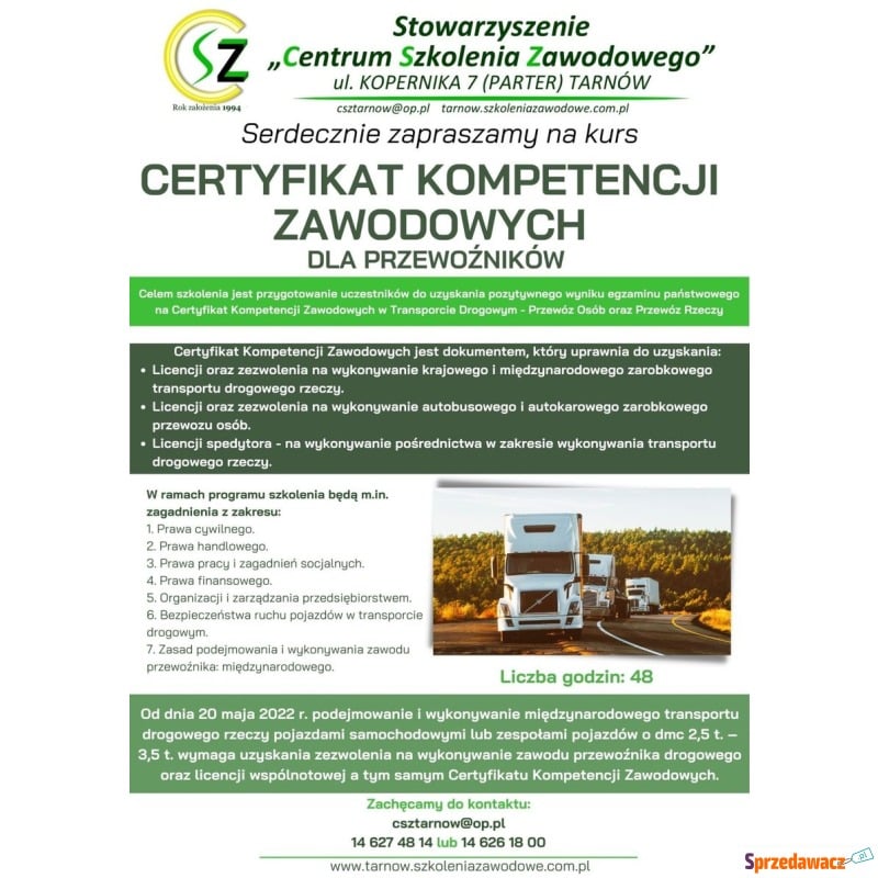 Certyfikat kompetencji zawodowych Przewoźnika - Szkolenia, kursy stacjonarne - Tarnów