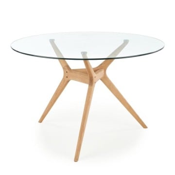 Stół okrągły Ashmore 120 x 77 cm, blat transparentny, nogi drewno lite dębowe naturalne