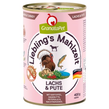 GranataPet Liebling's Mahlzeit, 6 x 400 g - Łosoś i indyk z ziemniakami, dziką różą, pietruszką i ol