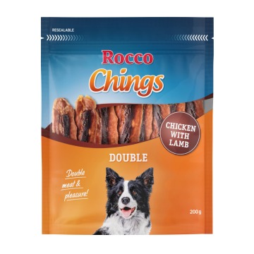Korzystny pakiet Rocco Chings Double mięsne paski do żucia - Kurczak i jagnięcina, 12 x 200 g