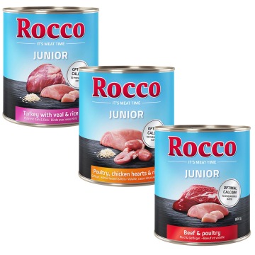 Mieszany pakiet próbny Rocco, 6 x 800 g - Junior: Indyk/Serca cielęce/Ryż, Drób/Serca kurze/Ryż, Woł