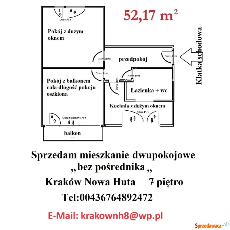 Mieszkanie dwupokojowe Kraków - Nowa Huta,   53 m2, 7 piętro - Sprzedam