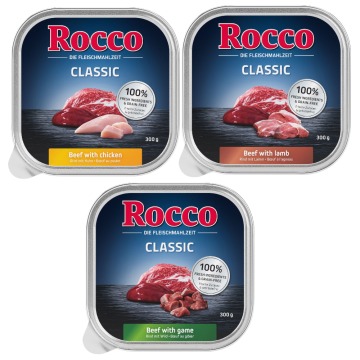 Mieszany pakiet próbny Rocco Classic tacki, 9 x 300 g - Pakiet Classic 2: jagnięcina, kurczak, dzicz