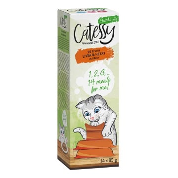 Megapakiet Catessy kawałeczki w sosie, tacki, 56 x 85 g - Z wątróbką i sercami