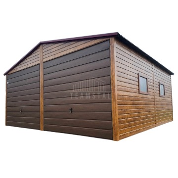 Garaż Blaszany 6x6 2x Brama uchylna - jasny orzech drewnopodobny - drzwi TS584