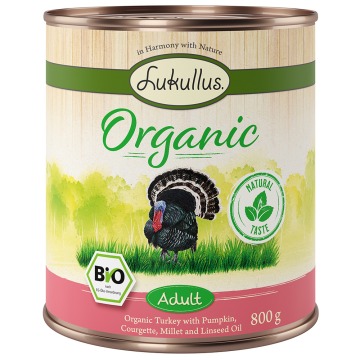 Korzystny pakiet Lukullus Organic Adult, 12 x 800 g - Indyk z cukinią(bez glutenu)