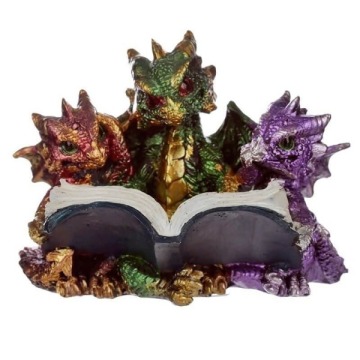 Trzy kolorowe smoki z książką - figurka fantasy