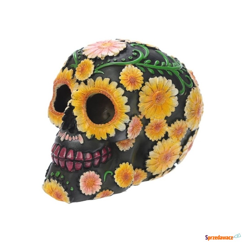 Czarna meksykańska czaszka ozdobiona kwiatami... - Figurki, rzeźby - Tczew