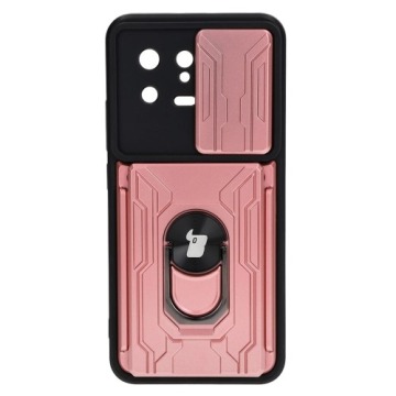 Etui Bizon Case Camshield Card Slot Ring do Xiaomi 13, jasnoróżowe