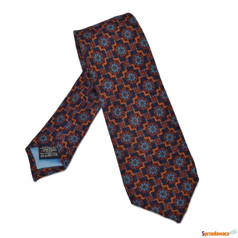 Granatowy krawat wełniany w pomarańczowy wzór - Krawaty, muszki - Rybnik