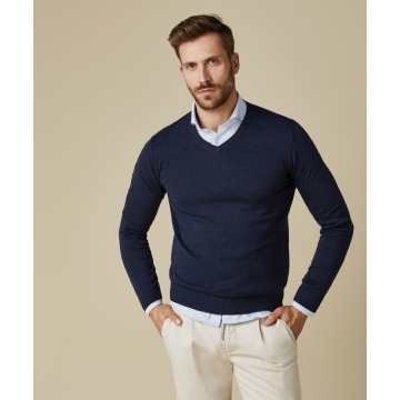 Granatowy sweter / pulower V-neck z bawełny PIMA  S