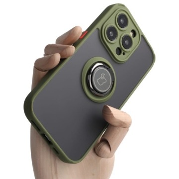 Etui z uchwytem na palec Bizon Case Hybrid Ring do iPhone 14 Pro, przydymione z zieloną ramką