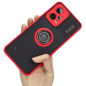 Etui z uchwytem na palec Bizon Case Hybrid Ring do Xiaomi Pocophone X5, przydymione z czerwoną ramką
