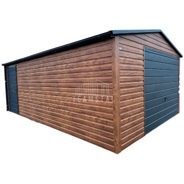 Garaż Blaszany 4x6 m - dwuspad - Brama uchylna  rynny - jasny orzech - TS613