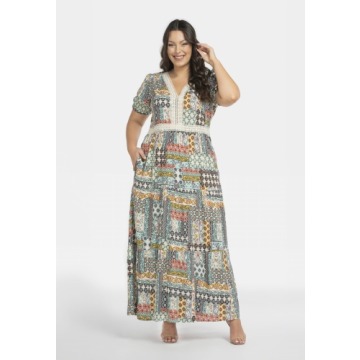 Sukienka długa letnia boho maxi FLORA niebieski druk z beżową kor - Duże rozmiary, XXL, plus size