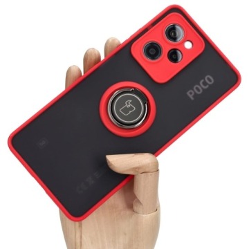 Etui z uchwytem na palec Bizon Case Hybrid Ring do Xiaomi Pocophone X5 Pro, przydymione z czerwoną r