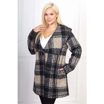 Płaszcz Mery w beżowo-czarną kratę PLUS SIZE XXL JESIEŃ