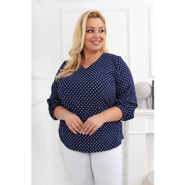 Elegancka granatowa bluzka w białe kropki z rękawem 3/4 PLUS SIZE XXL