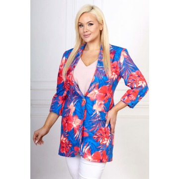 Niebieska marynarka Carmen w koralowe liście PLUS SIZE XXL WIOSNA