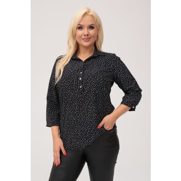 Elegancka czarna koszula z kołnierzykiem w białe kropki PLUS SIZE XXL