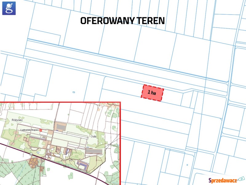 Działka inwestycyjna Różyniec sprzedam, pow. 10 395 m2  (1.04ha), uzbrojona