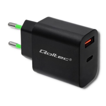 Qoltec 18W | 5-12V | 1.5-3A | USB typ C PD | USB QC 3.0 | Czarna