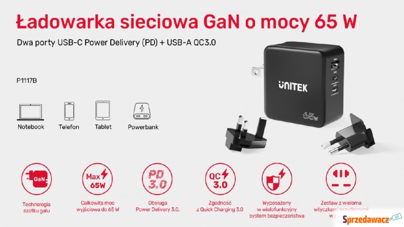 Unitek GaN, PD 65W, podróżna, 3 porty - Ładowarki sieciowe - Wodzisław Śląski