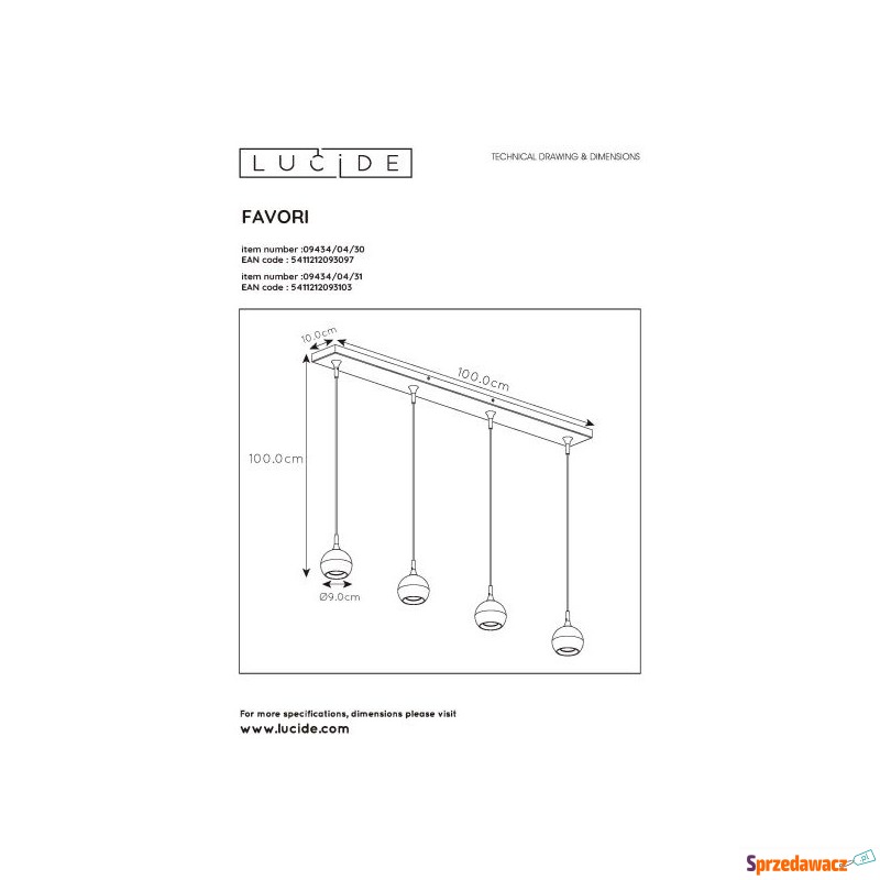 Lucide Favori 09434/04/31 lampa wisząca zwis 4x5W... - Lampy wiszące, żyrandole - Gdańsk