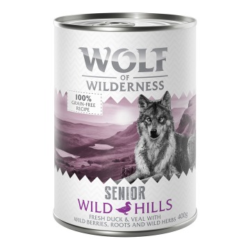 Korzystny pakiet Wolf of Wilderness Adult, 24 x 400 g - SENIOR Wild Hills, kaczka i cielęcina, w pus