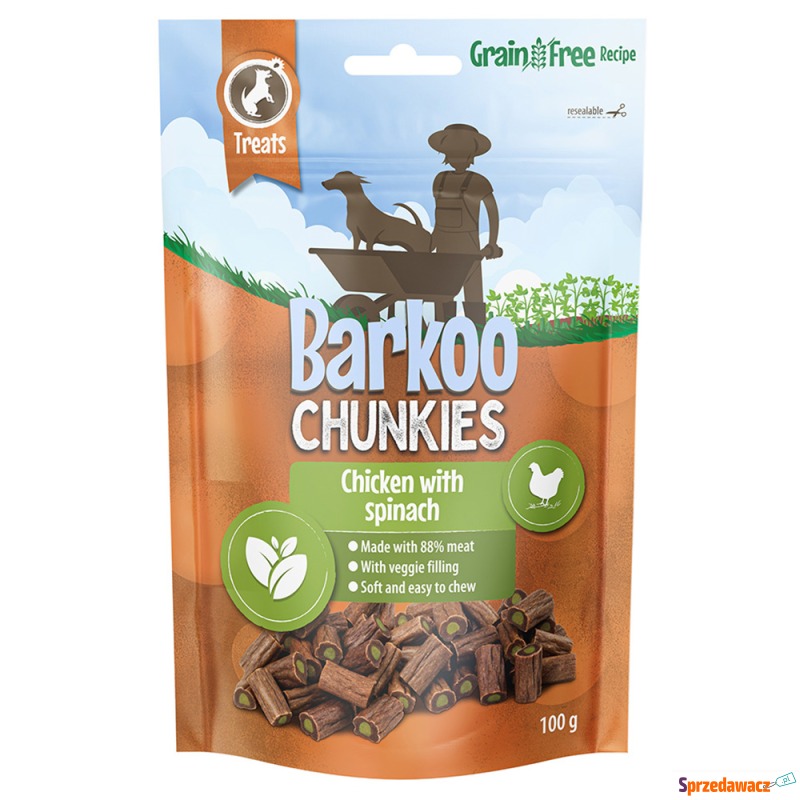 Barkoo Chunkies - Kurczak i szpinak, 3 x 100 g - Przysmaki dla psów - Mielec