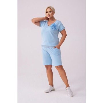 Wakacyjny dresowy błękitny komplet Nadia - bluzka + krótkie spodenki PLUS SIZE XXL LATO